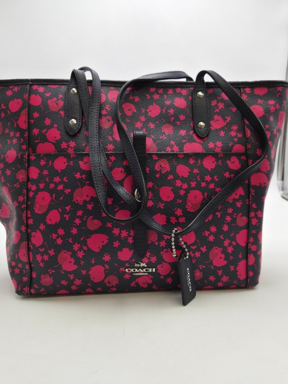 Coach City Tote Bag Prairie Calico Floral Canvas Structured Handbag Black Pink - Picture 3 of 15